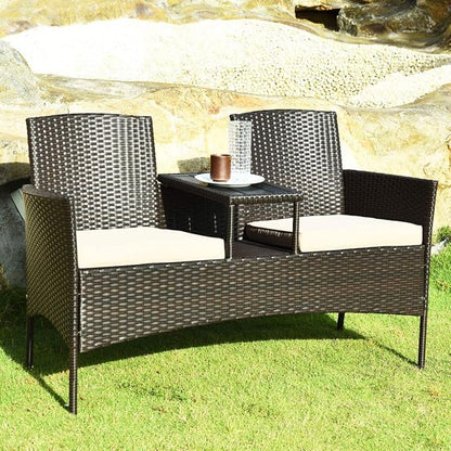 LUARANE Outdoor Rattan Sofas, Contract Patio Conversation Set Wicker Sofa Set with Built-in Coffee Table, Patio Furniture Set with Cushions, Rattan Loveseat for Lawn Backyard Garden (Brown+Beige)