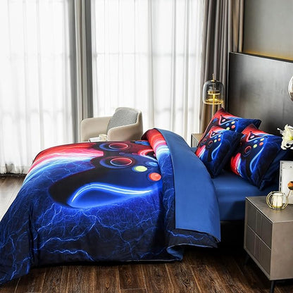 DORCAS Gamer Comforter Sets with Sheets for Boys,Full Size Gamer Bedding Sets Boys,6 Pieces Lightning Gaming Bedding Set for Boys Kids Teens(Red&Blue, Full)