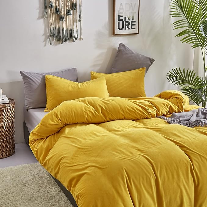 Wellboo Mustard Velvet Comforter Sets California King Women Turmeric Yellow Fluffy Bedding Comforters Cal King Teen Girls Dark Yellow Plush Quilts Soft Warm Winter Flannel Blankets Solid Yellow Bed
