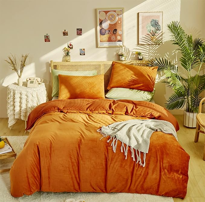Burnt Orange Velvet Comforter Queen Solid Rust Color Flannel Velvet Bedding Comforter Set All Caramel Colour 3 PCs Shaggy Soft Warm and Durable Flannel Blanket Queen