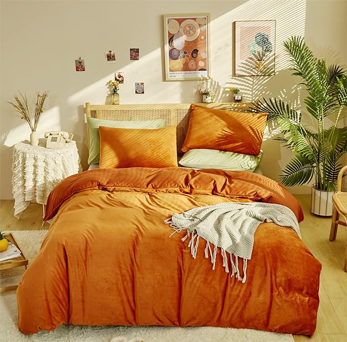 Burnt Orange Color Velvet Comforter Set Cal King Solid Rust Color Flannel Velvet Bedding Comforter Set All Caramel Colour 3 PCs Shaggy Soft Warm and Durable Flannel Blanket Cal King