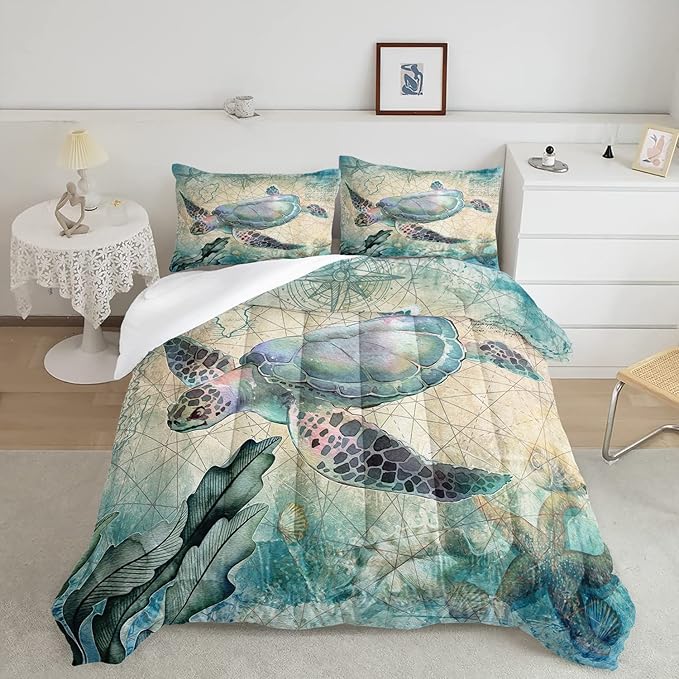 CVHOUSE Sea Turtle Comforter Set,Ocean Sea Turtle Bedding Set for Kids Teens,Ocean Sea Turtle Comforter Sea Turtle Duvet Set Room Decor Quilt Set Twin Size