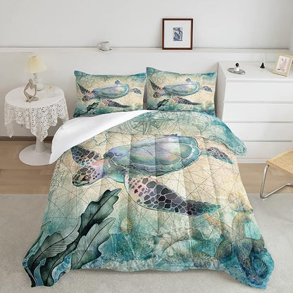 CVHOUSE Sea Turtle Comforter Set,Ocean Sea Turtle Bedding Set for Kids Teens,Ocean Sea Turtle Comforter Sea Turtle Duvet Set Room Decor Quilt Set Twin Size