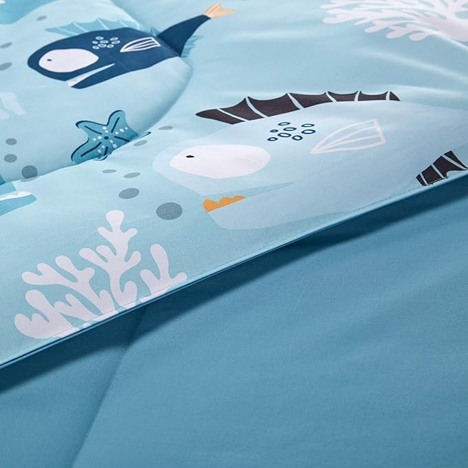 SLEEP ZONE Kids Bedding Comforter Set Full/Queen Size - Super Cute & Soft Kids Bedding 7 Pieces Set with Comforter, Sheet, Pillowcase & Sham (Little Fish)