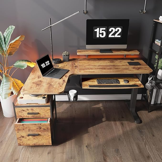 EUREKA ERGONOMIC Standing Desk with Keyboard Tray, Computer Desk, 61" L Shaped Electric Adjustable Height Desk w Monitor Stand LED, Corner Sit Stand Desk Gaming Desk, Dual Motor,Left/Rustic Brown