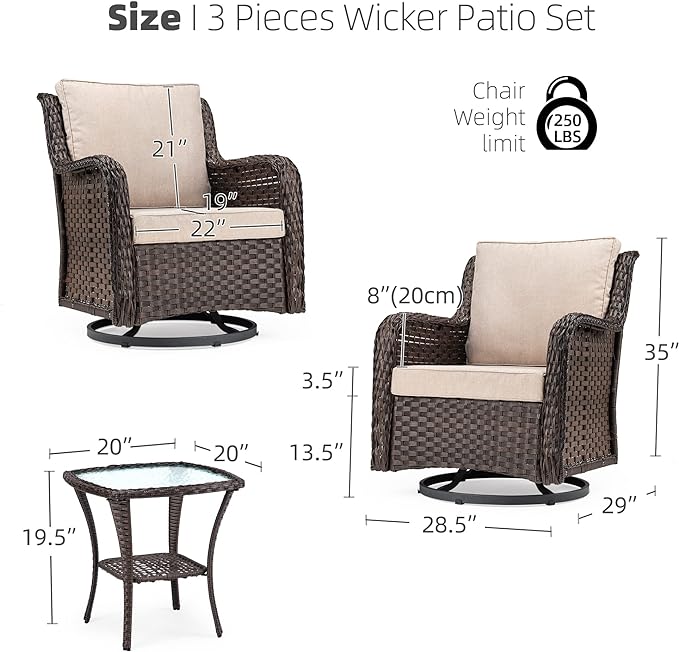 IDEALHOUSE 3 Pieces Outdoor Wicker Swivel Rocker Patio Set, 360-Degree Swivel Rocking Chair Elegant Wicker Patio Bistro Set with Tempered Glass Top Side Table (Apricot)