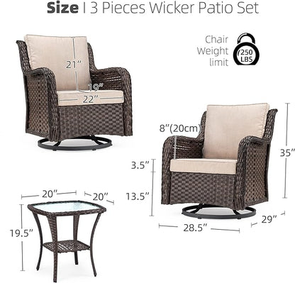 IDEALHOUSE 3 Pieces Outdoor Wicker Swivel Rocker Patio Set, 360-Degree Swivel Rocking Chair Elegant Wicker Patio Bistro Set with Tempered Glass Top Side Table (Apricot)