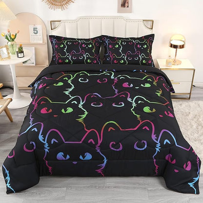 ENCOFT Kids Bedding Set Cat Comforter Set Full for Girls and Boys 3 Piece Cartoon Bed Set Black Comfortable and Breathable All Season for Teens and Adults Room Decor with 1 Comforter and 2 Pillowcases