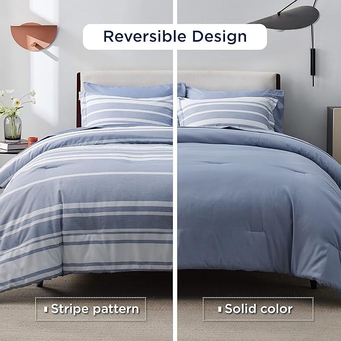 Bedsure Twin Comforter Set 5 Pieces, Blue White Striped Twin Bedding Sets All Season Bed Set, Twin Bed in a Bag with Comforter, Sheets, Pillowcase & Sham