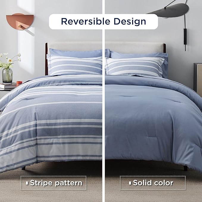 Bedsure Full Size Comforter Set 7 Pieces, Blue White Striped Bedding Comforter Sets All Season Bed Set, Bed in a Bag Full with Comforter, Sheets, Pillowcases & Shams