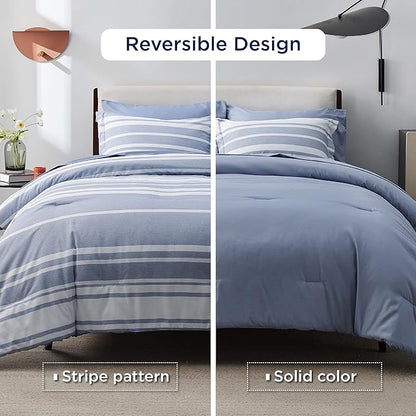Bedsure California King Comforter Set 7 Pieces, Blue White Striped Bedding Comforter Sets All Season Bed Set, Bed in a Bag with Comforter, Sheets, Pillowcases & Shams