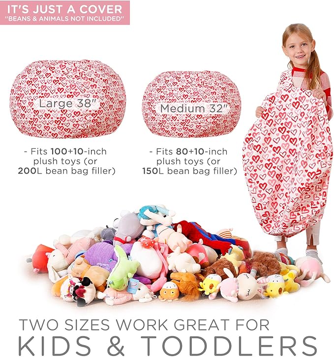 Aubliss Stuffed Animal Bean Bag Storage Chair, Beanbag Covers Only for Organizing Plush Toys, Turns into Bean Bag Seat for Kids When Filled, Medium 32"-Canvas Pattern Heart