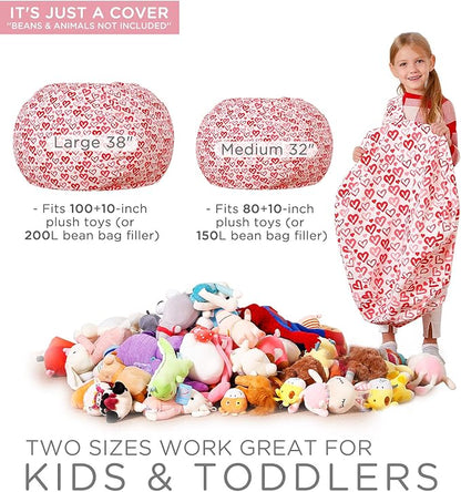Aubliss Stuffed Animal Bean Bag Storage Chair, Beanbag Covers Only for Organizing Plush Toys, Turns into Bean Bag Seat for Kids When Filled, Medium 32"-Canvas Pattern Heart