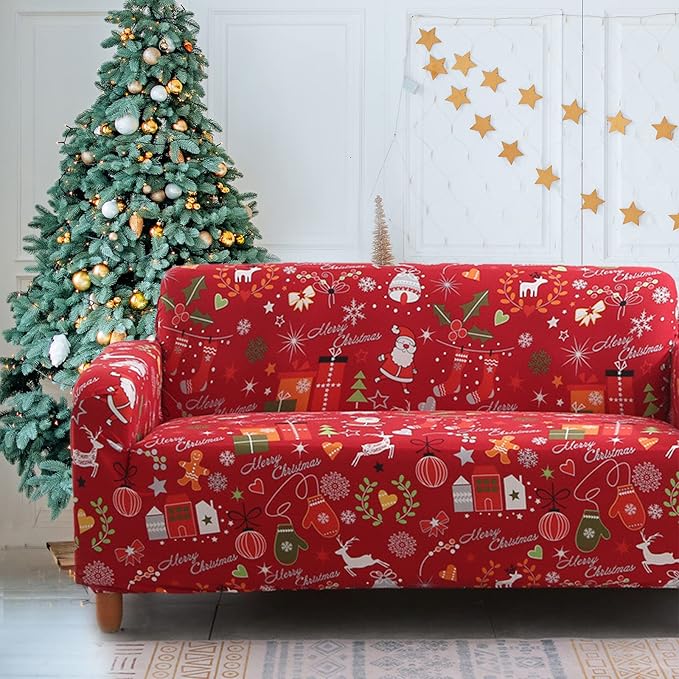 Mybedsoul Christmas Printed Sofa Cover Santa Claus Elastic Couch Cover Machine Washable Christmas Theme Red Sofa Slipcover for Living Room(3 Seater)