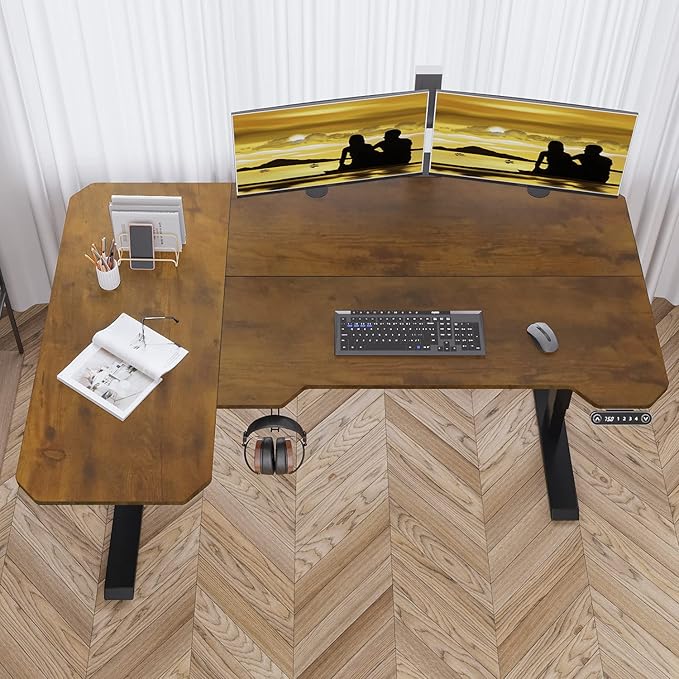 Adjustable Height L-Shaped 59 Inch Electric Standing Desk - Sit Stand Computer Desk with 3 Splice Board, Lockable Casters, Stand Up Desk Table for Home Office, Black Frame and Rustic Brown Top