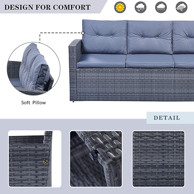 Merax Furniture 6-Piece All-Weather PE Rattan Patio Outdoor Conversation Set with Coffee Table,Wicker Sofas,Ottomans,Removable Cushions,Grey