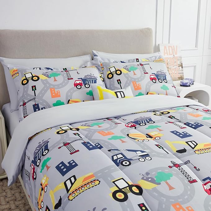 Mooreeke Bed in a Bag for Kids Boys Teens, 6 Pieces Twin Size Comforter Bed Set with Shams, Sheet Set and Decorative Toy Pillow, Excavator Super Soft Microfiber Kids Comforter Bedding Set