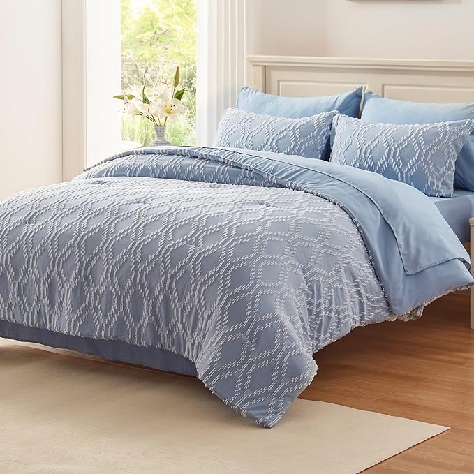 EMME Queen Comforter Set - 7 Pcs Blue Boho Bedding Sets, Full Size Tufted Comforter with Sheets, Shabby Chic Embroidery Queen Bed Set Fluffy Bed Bag for All Season(90"X90")