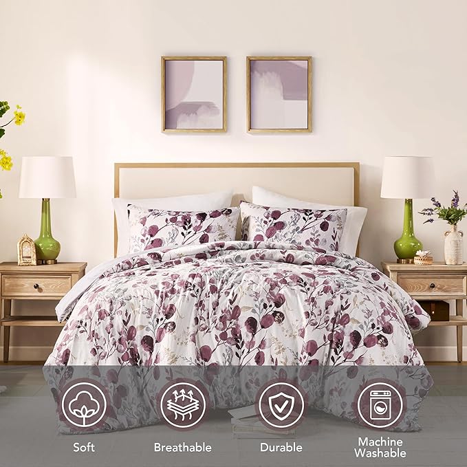 Codi Floral Queen Comforter Set for Womens, Spring Lavender Bedding Sets with Soft Seersucker 3pcs - 1 Flower Comforters and 2 Pillows Case, Lilac Purple
