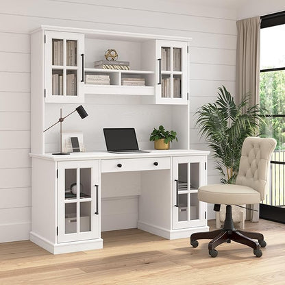 Bush Furniture Westbrook 60W Computer Desk with Storage and Keyboard Tray in White Ash | Farmhouse Desk for Home Office Workspace
