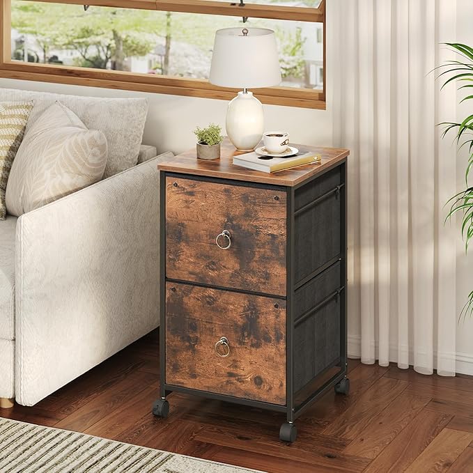 HOOBRO 2 Drawer Mobile File Cabinet, Rolling Printer Stand, Vertical Filing Cabinet, Office Cabinet, Filing Cabinet for Home Office, A4/Letter Size, Nonwovens Drawer, Rustic Brown BF20WJ01