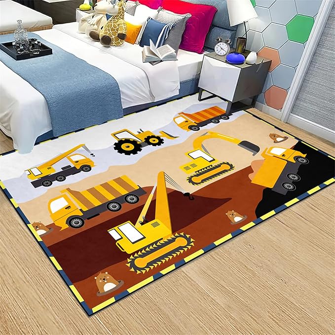 Construction Rug for Boys Room (3'×4', Low Pile, 1.4 pounds, Handmade, Car Play Mat, Indoor)