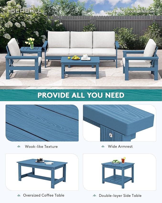 SERWALL HDPE Patio Coversation Set, 7-piece Outdoor Sectional Sofa Set, All Weather Patio Couch Set Patio Furniture for Balcony, Deck, Navy Frame with Khaki Cushion