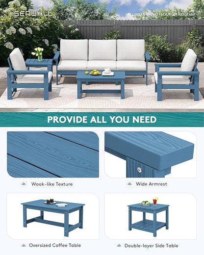 SERWALL HDPE Patio Coversation Set, 7-piece Outdoor Sectional Sofa Set, All Weather Patio Couch Set Patio Furniture for Balcony, Deck, Navy Frame with Khaki Cushion