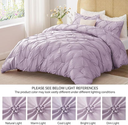 BEDELITE Light Purple King Size Comforter Set - 3 Pieces Boho Pintuck Bedding Comforter Sets, Lightweight Soft & Warm King Bedding Set with 2 Pillowcases for All Season