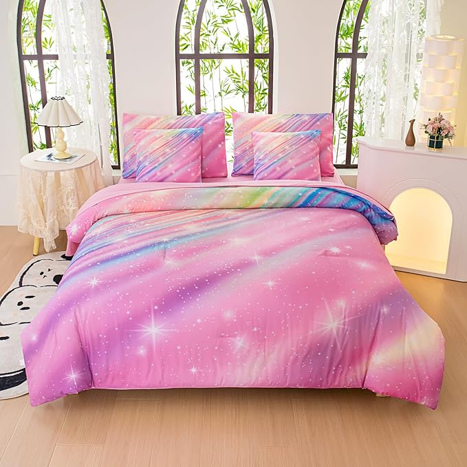 Full Size Bedding Sets Kids Bedding Sets for Girls,Galaxy Bedding 7pieces Glitter Pink Comforter, Colorful Comforter Full Size Comforter Sets for Teen Girls