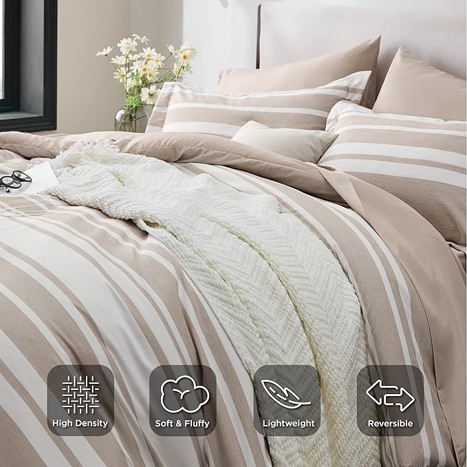 Bedsure Bed in a Bag Full Size 7 Pieces, Light Camel White Striped Bedding Comforter Sets All Season Bed Set, 2 Pillow Shams, Flat Sheet, Fitted Sheet and 2 Pillowcases