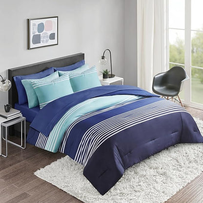 Comfort Spaces Twin XL Comforter Sets with Sheets - Bed in a Bag 6 Pieces Teen Bedding Sets Twin XL, Navy and Grey Stripes Bedding, College Twin Bed Set, 2 Side Pocket Bedroom Organizer Twin XL Navy