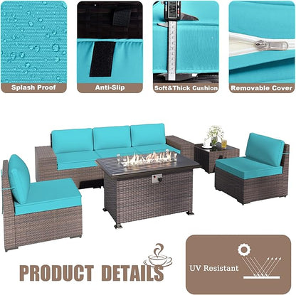 Patio Furniture Sectional Sofa Set 7 Pieces PE Rattan Outdoor Furniture w/43in Gas Fire Pit Table, Patio Conversation Set with 55000 BTU Propane Fire Pit, Blue