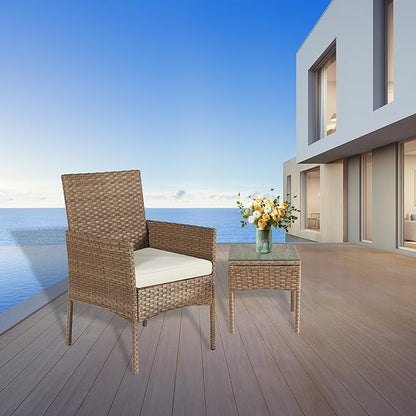 3 Pieces Patio Set Balcony Furniture Sets for Apartments.Bistro Furniture Set, Conversation Sets with Coffee Table, for Porch, Patio, Garden and Removable Cushions Beige