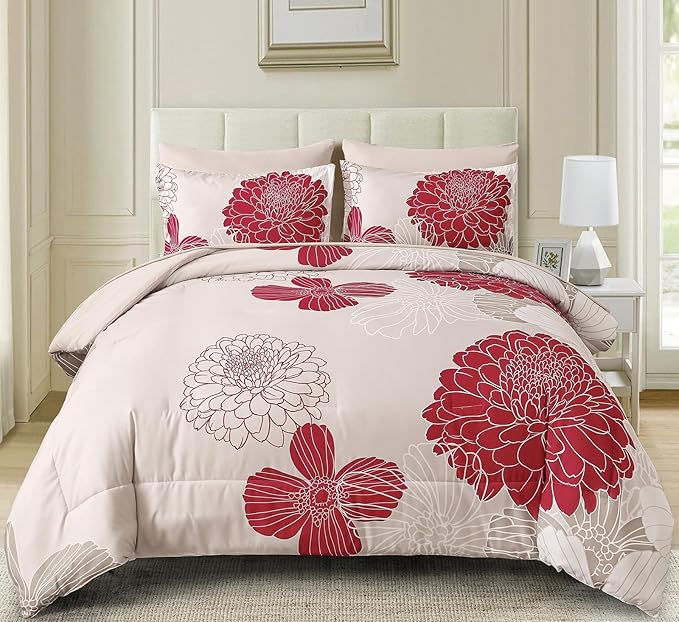 Yiran 7 Pieces King Comforter Set Red Floral Bed in a Bag Soft Microfiber Bedding Set 103"×90"(1 Comforter 1 Flat Sheet 1 Fitted Sheet 2 Pillowshams 2 Pillowcases)