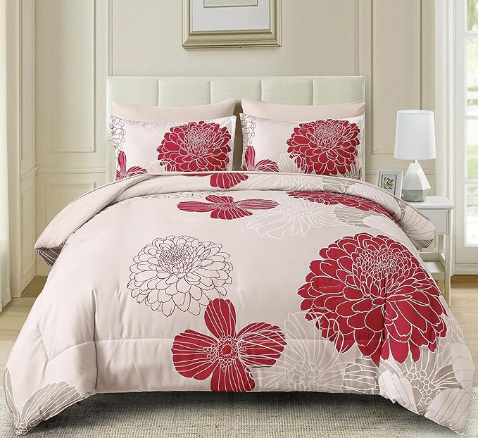 Yiran 7 Pieces Queen Comforter Set Red Floral Bed in a Bag Soft Microfiber Bedding Set 90"×90"(1 Comforter 1 Flat Sheet 1 Fitted Sheet 2 Pillowshams 2 Pillowcases)