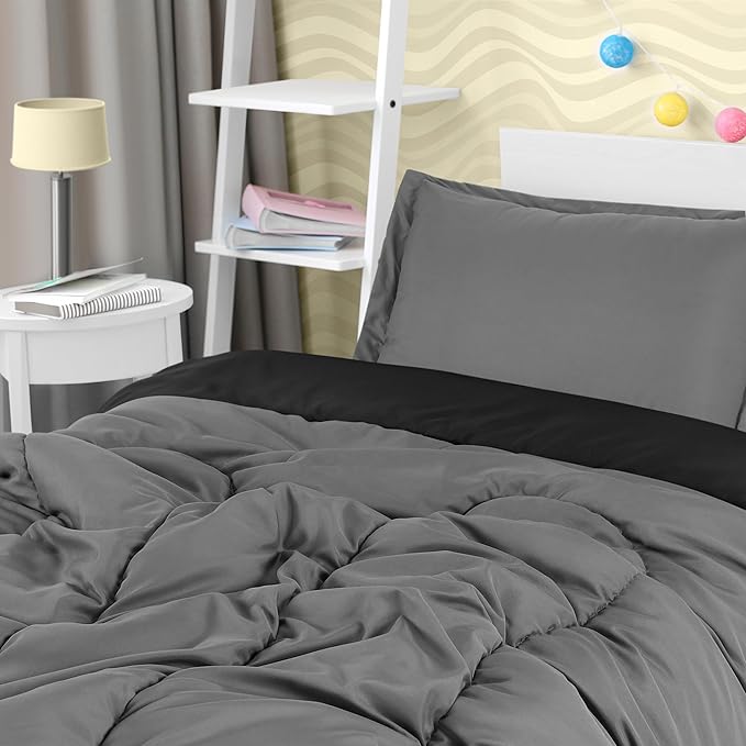 Utopia Bedding All Season Reversible Black and Grey Comforter Set with 2 Pillow Cases, 3 Piece Soft Brushed Microfiber Kids Bedding Set for Boys/Girls, Machine Washable (Twin)
