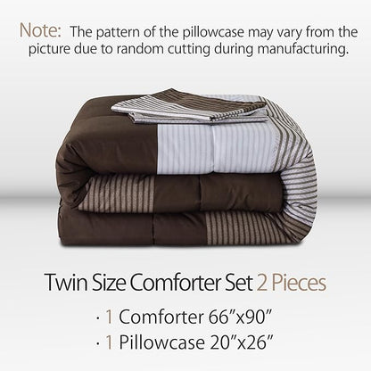 Andency Stripe Comforter Set Twin Size (66x90 Inch), 2 Pieces Brown Patchwork Striped Comforter, Soft Microfiber Down Alternative Comforter Bedding Set with Corner Loops