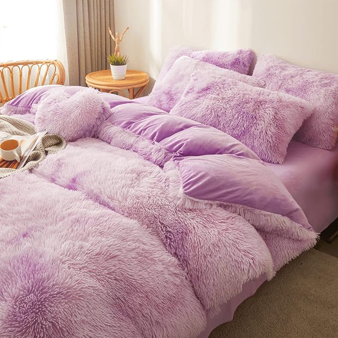 Tie dye Lavender Plush Fluffy Comforter Cover Set Queen - Ultra Soft Faux Fur tie dye Bedding Sets 3 Pieces (1 Shaggy Duvet Cover + 2 Pillow case) Fluffy Bed Set (Tie Dye Lavender, Queen)