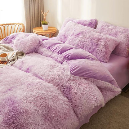 Tie dye Lavender Plush Fluffy Comforter Cover Set Queen - Ultra Soft Faux Fur tie dye Bedding Sets 3 Pieces (1 Shaggy Duvet Cover + 2 Pillow case) Fluffy Bed Set (Tie Dye Lavender, Queen)