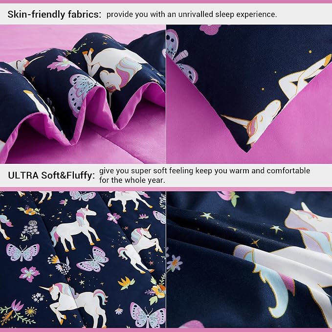 Mooreeke Kids Comforter Bed Set Full Size for s Girls, 8 Pieces Bed in a Bag with Shams, Sheet Set, Purple Pink Unicorn Full Soft Microfiber Kids Comforter Bedding Set