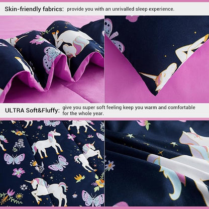 Mooreeke Kids Comforter Bed Set Twin Size for Girls, 6 Pieces Bed in a Bag with Shams, Sheet Set, Purple Pink Unicorn Twin Soft Microfiber Kids Comforter Bedding Set