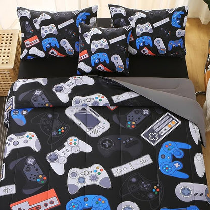 6Pcs Game Console Comforter Set with Sheets for Boys Girls Kids Teens, Gamepad Collection Themed Bed in A Bag Full Size, 3D Video Gamer Controller Bedroom Decor Bedding Set