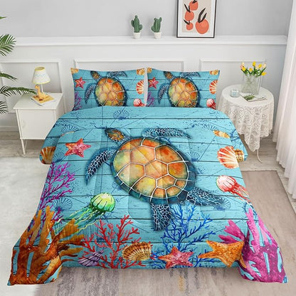 Datura home Sea Turtle Bedding Comforter Set Sea Turtle Ocean Beach Printed Pattern Bedding Set with 1 Comforter and 2 Pillowcases for Boys Bedroom All Season(Sea Turtle Full), Full 80x90inches