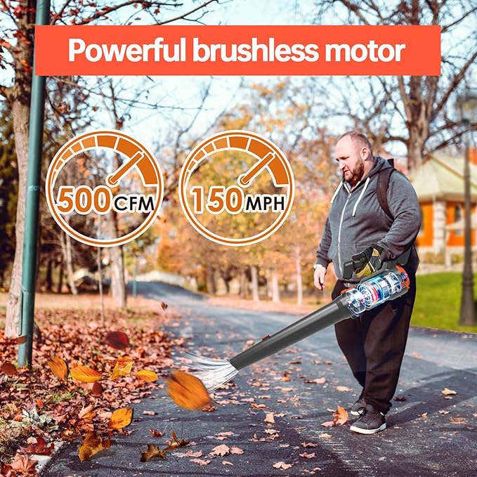 Leaf Blower Cordless - 500CFM 150MPH Brushless Electric Leaf Blower with Battery and Charger, 20V 2 packs 5.0 Ah Battery Powered Leaf Blower, for Lawn Care Yard Porch Driveway Patio Clean