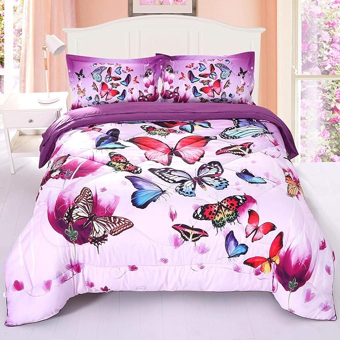 ENCOFT Butterfly Comforter Queen Size, 3 Pieces Girls Teen Kids Quilted Bedspread Queen Bed Comforter Bedding Sets, All Seasons Microfiber Purple Butterfly Bedding Set, with Pillowcase