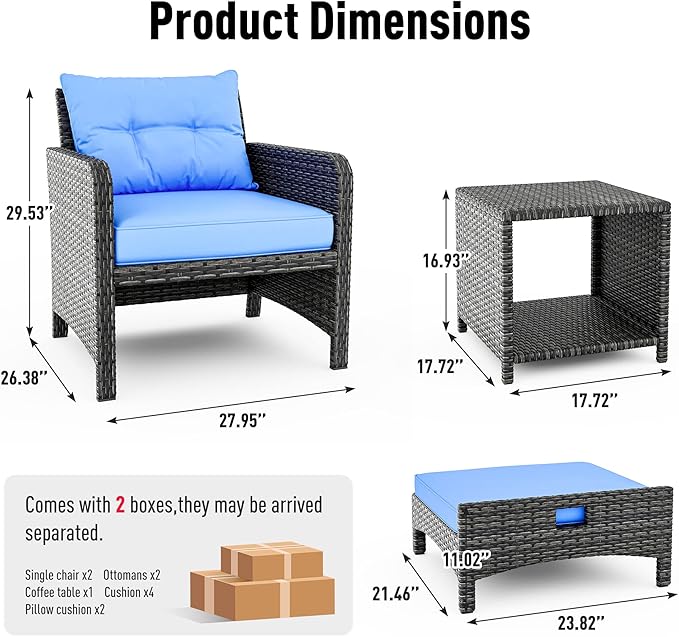 Pamapic 5 Pieces Wicker Patio Furniture Set Outdoor Patio Chairs with Ottomans Conversation Furniture with coffetable for Poorside Garden Balcony(Blue Cushion + Black Rattan)…