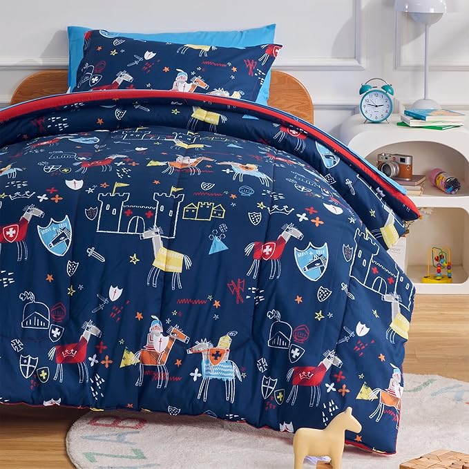 SLEEP ZONE 7 Pieces Kids Comforter Bed in A Bag, Soft Lightweight, Fluffy & Durable Children Bed Set with Comforter, Sheet, Pillowcase & Sham (Knight‘s Tale, Full/Queen)