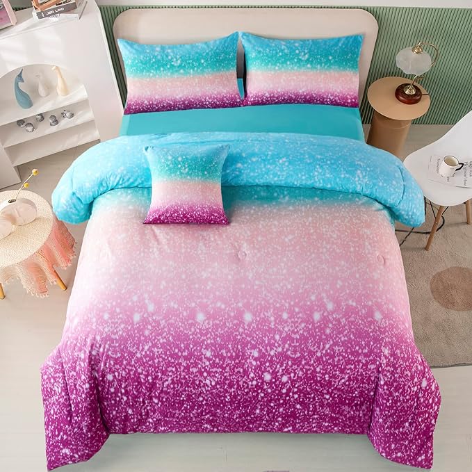 PERFEMET 6 Piece Full Size Comforter Sets for Teens Girls, Tie Dye Rainbow Ombre Bed in A Bag, Gradient Glitter Sparkle Bedroom Decor Bedding Set (Blue Teal Purple, Full)