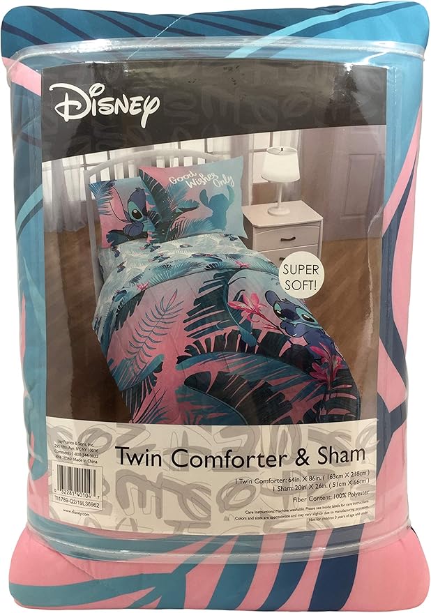 Jay Franco Disney Lilo & Stitch Floral Fun Twin Comforter & Sham Set - Super Soft Kids Reversible Bedding - Fade Resistant Microfiber (Official Disney Product)